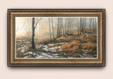 Framed print of Fallow bucks in a misty woodland.