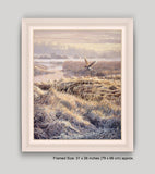 White framed picture of barn owl hunting