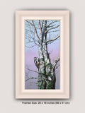 White framed print of a woodpecker on a silver birch