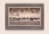 Woodgrain design framed print of swans, pintail ducks and lapwing